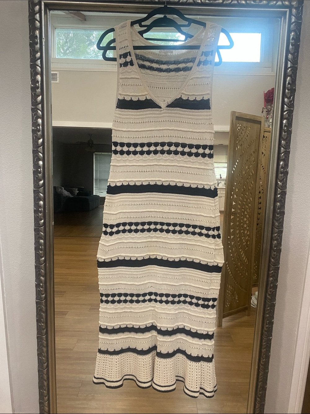 Sleeveless Cream and Black Striped Crochet Midi Dress